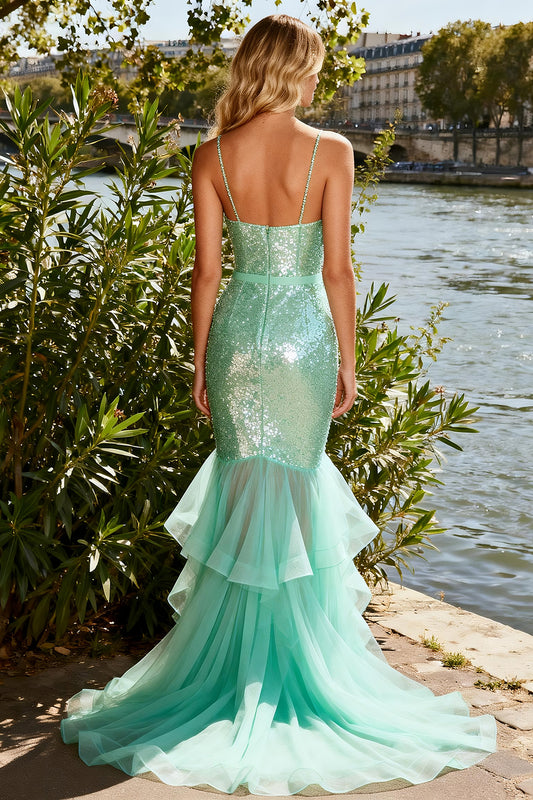Sparkly Mint Green Sequin Tiered Mermaid Long Prom Dress with Ruffles