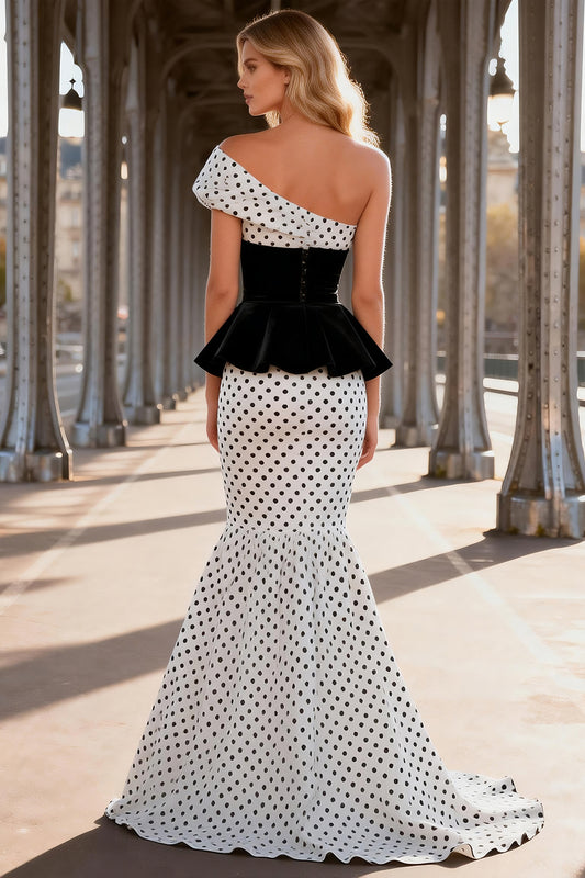 Black and White Polka Dots Satin Mermaid Asymmetrical Long Prom Dress