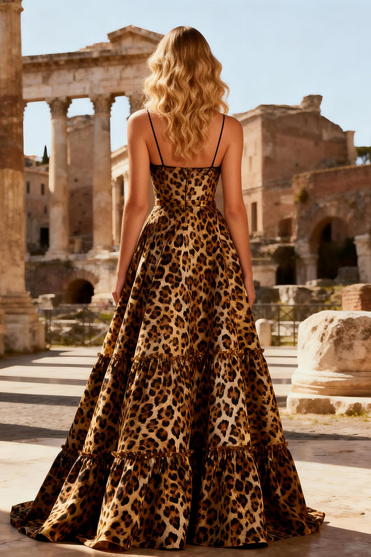 Khaki Leopard Print A Line Spaghetti Straps Long Prom Dress