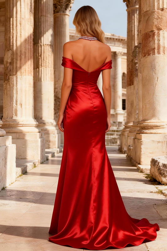 Red Mermaid Beaded Halter Neck Long Prom Dress with Slit