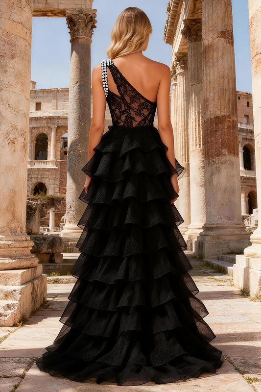 Black Lace One Shoulder Beaded Long Prom Dress with Ruffles