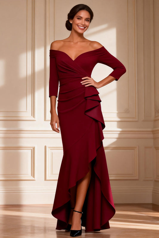 Burgundy Mermaid Asymmetrical Mother of the Bride Dress with Sleeves