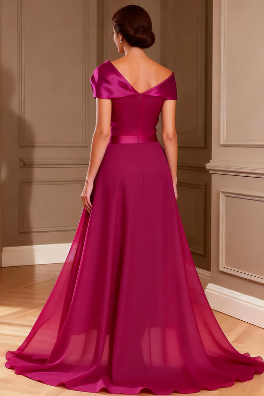 Fuchsia Asymmetrical Neck Ruched Long Mother of the Bride Jumpsuits with Cape