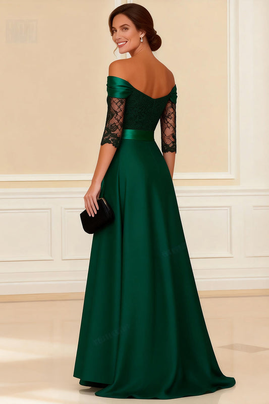 Dark Green Off the Shoulder A Line Long Mother of the Bride Dress with Lace