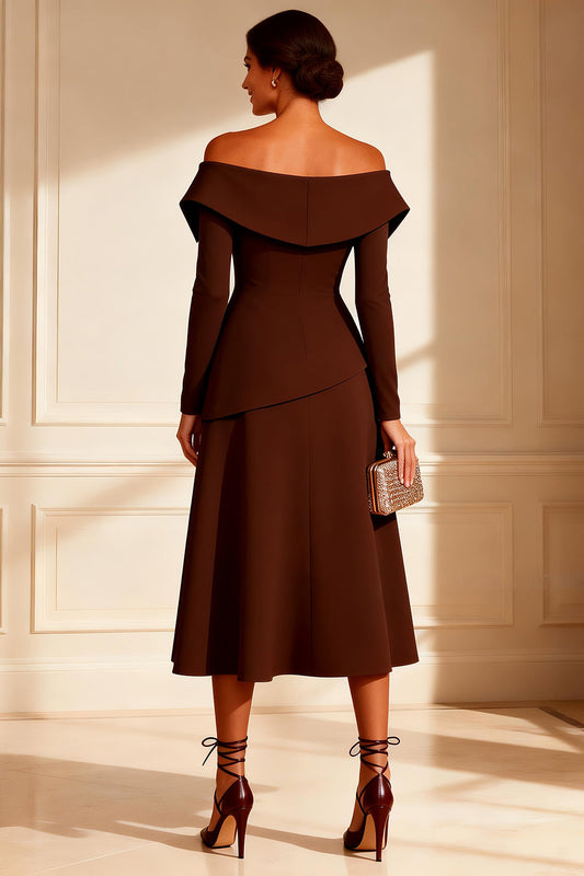 Chocolate Off the Shoulder A Line Midi Mother of the Bride Dress with Sleeves