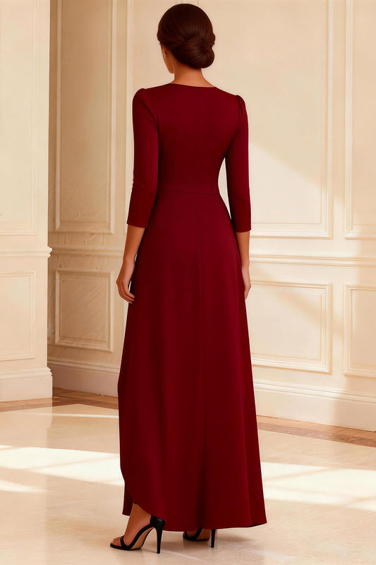 Burgundy Ruched A Line V-Neck Long Mother of the Bride Dress with Slit
