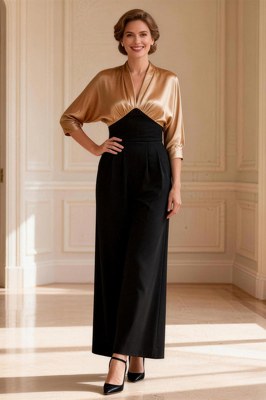 Black and Champagne Satin V-Neck Long Mother of the Bride Dress with Sleeves