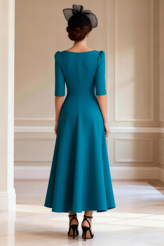Peacock Blue A Line Long Sleeves Mother of the Bride Dress with Slit