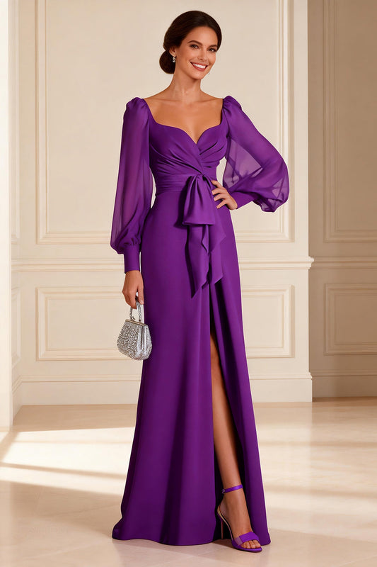 Purple Chiffon Sheath Long Sleeves Mother of the Bride Dress with Slit