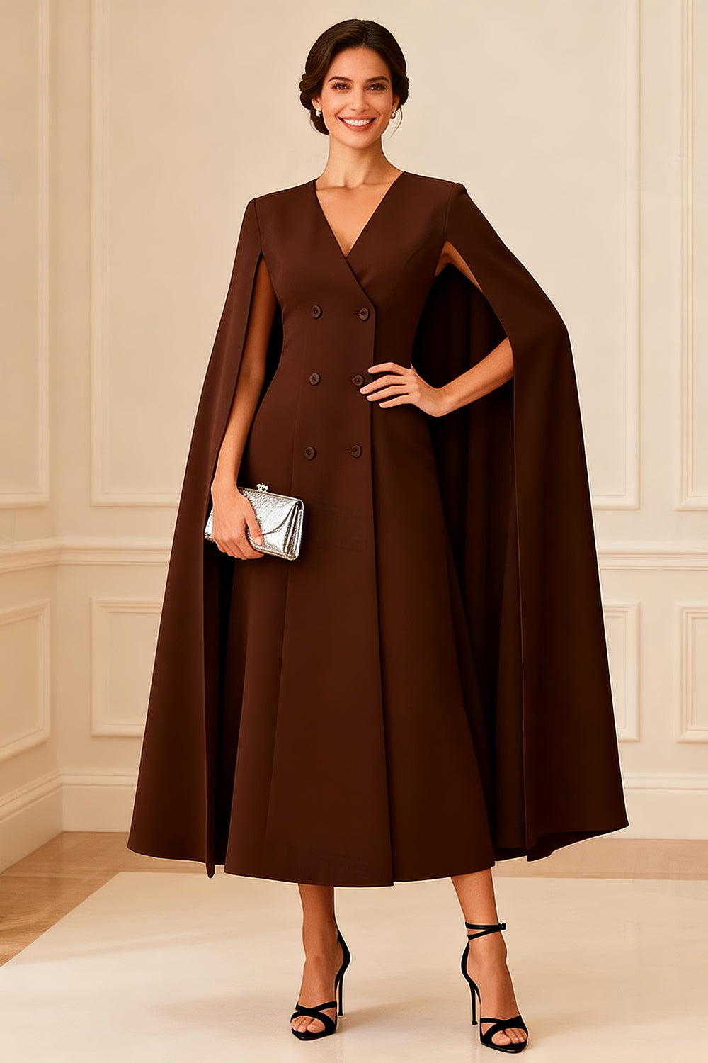 Zapakasa Women Chocolate V-Neck Ankle Length Mother of the Bride Dress with Cape Double Breasted A Line Midi Wedding Guest Dress with Buttons
