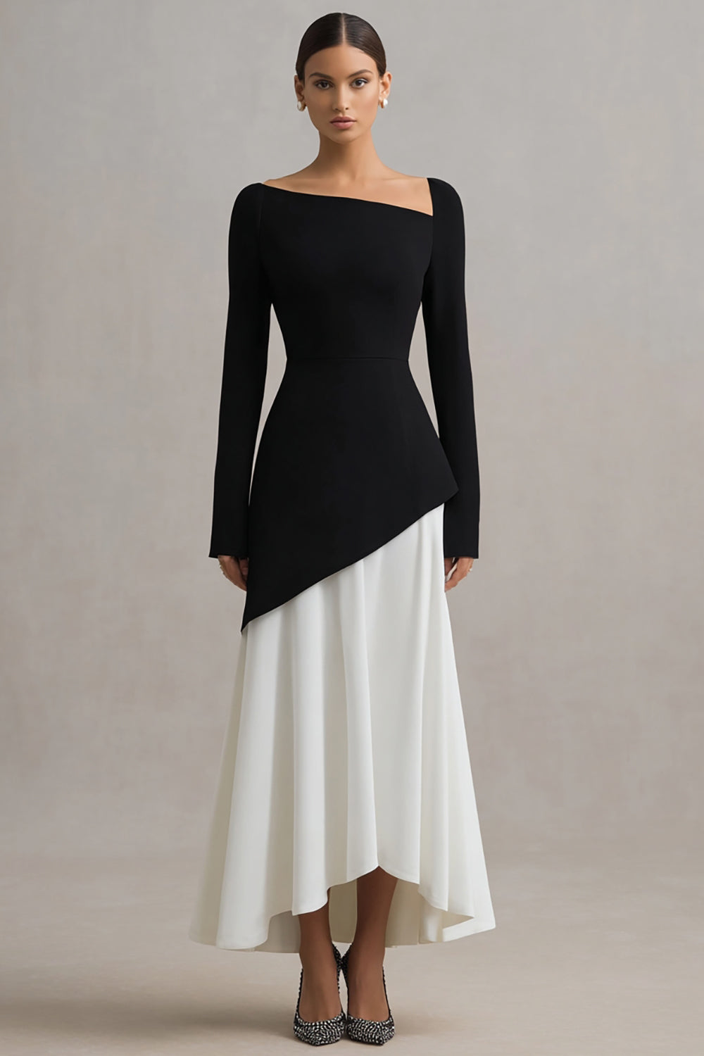Zapakasa Women Black and White Satin Long Sleeves Formal Dress Sheath