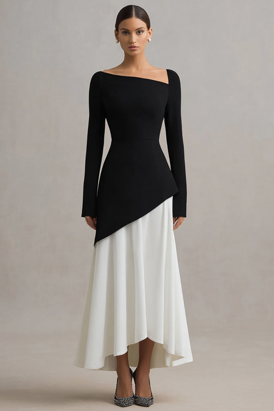 Black and White Sheath Asymmetrical Neck Long Sleeves Formal Dress