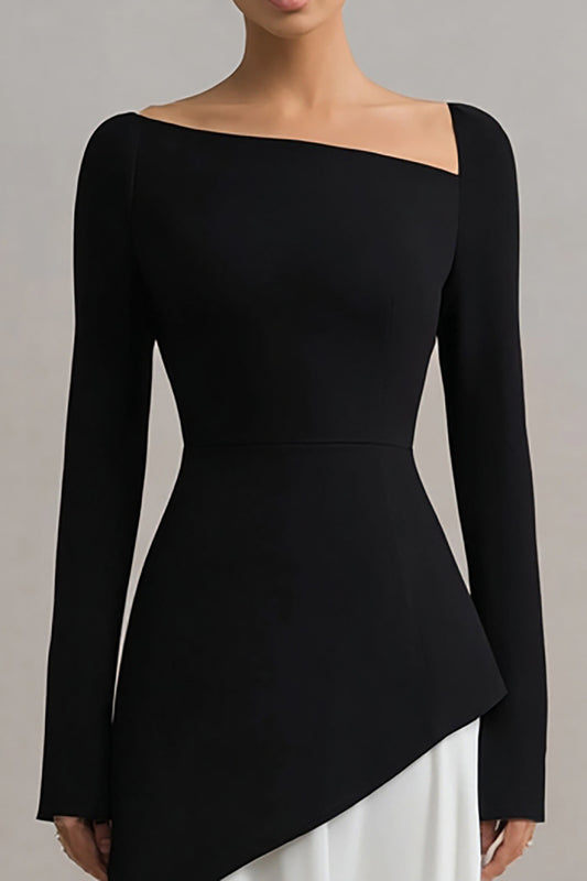 Black and White Sheath Asymmetrical Neck Long Sleeves Formal Dress