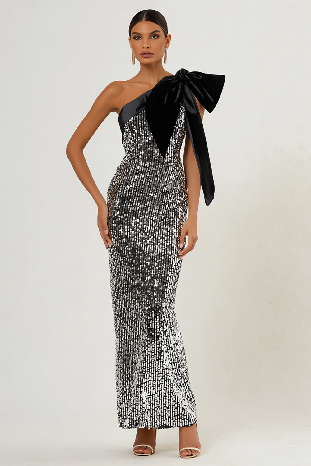 slim fit dress slacks Zapakasa Women Sparkly Light Grey Sequin Long Formal Dress with Bow One  Shoulder Mermaid Gala Dress