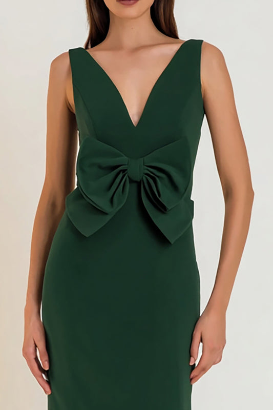 Dark Green Mermaid V-Neck Long Formal Dress with Bow