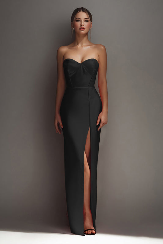 Black Satin Sweetheart Sheath Long Formal Dress with Slit