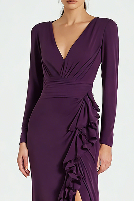 Plum Satin V-Neck Ruffled Long Sleeves Formal Dress with Slit