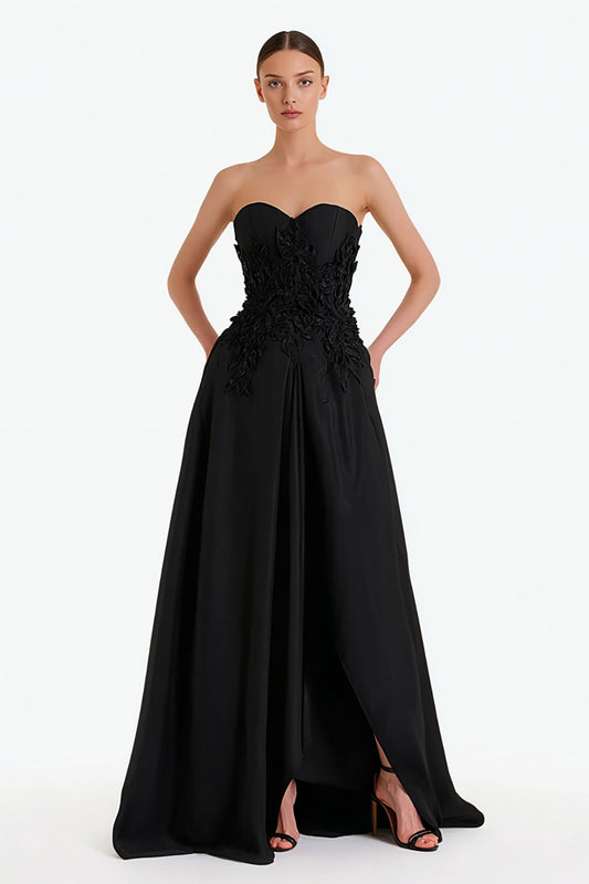 Floral Black Satin Sweetheart Long Formal Dress with Slit