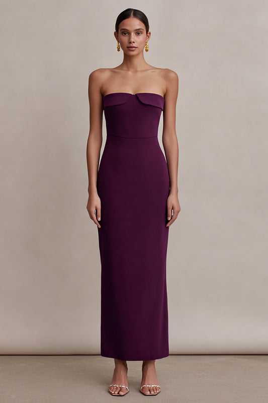 Plum Strapless Sheath Satin Long Formal Dress