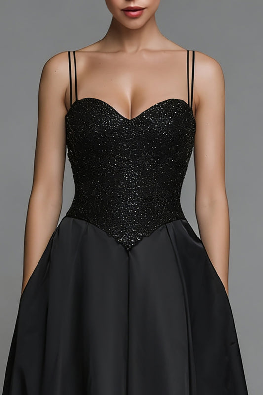 Sparkly Black Satin Spaghetti Straps Long Formal Dress with Sequins