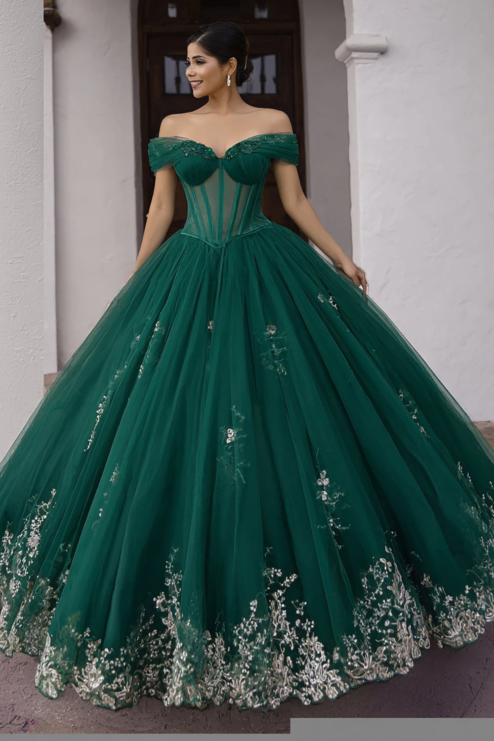 Zapakasa Women Dark Green Ball Gown Long Corset Quinceanera Dress Lace