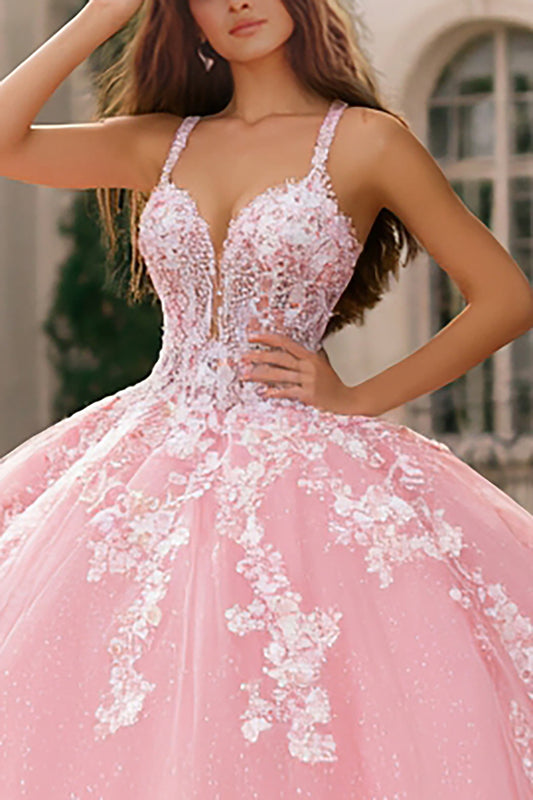 Floral Pink Tulle Ball Gown Long Quinceanera Dress with Lace