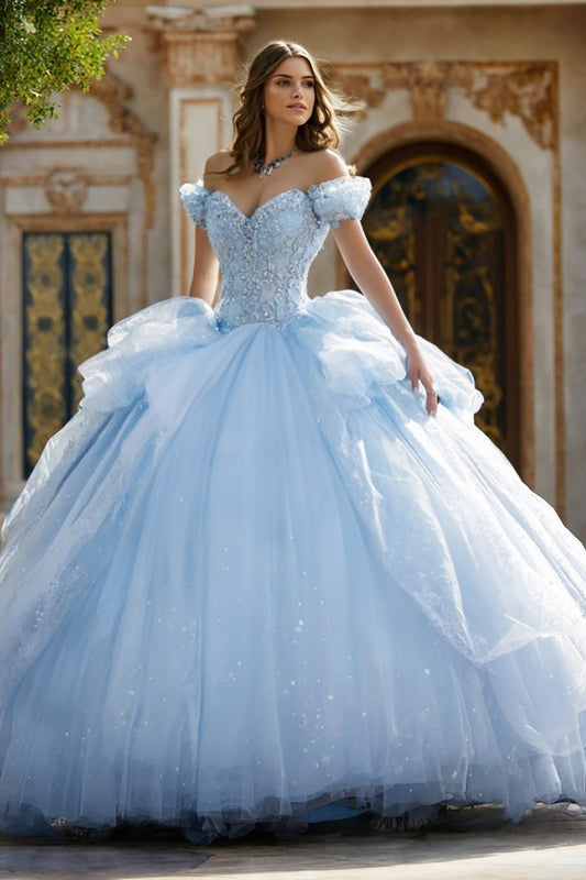 Sparkly Sky Blue Glitter Ball Gown Long Quinceanera Dress