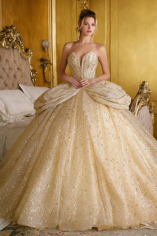 Sparkly Gold Sequin Ball Gown Sweetheart Long Corset Quinceanera Dress