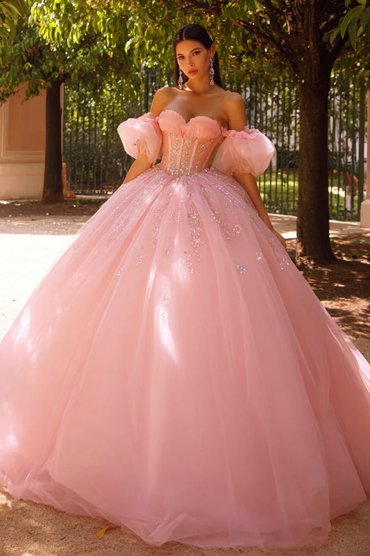 Pink Tulle Ball Gown Off the Shoulder Long Corset Quinceanera Dress
