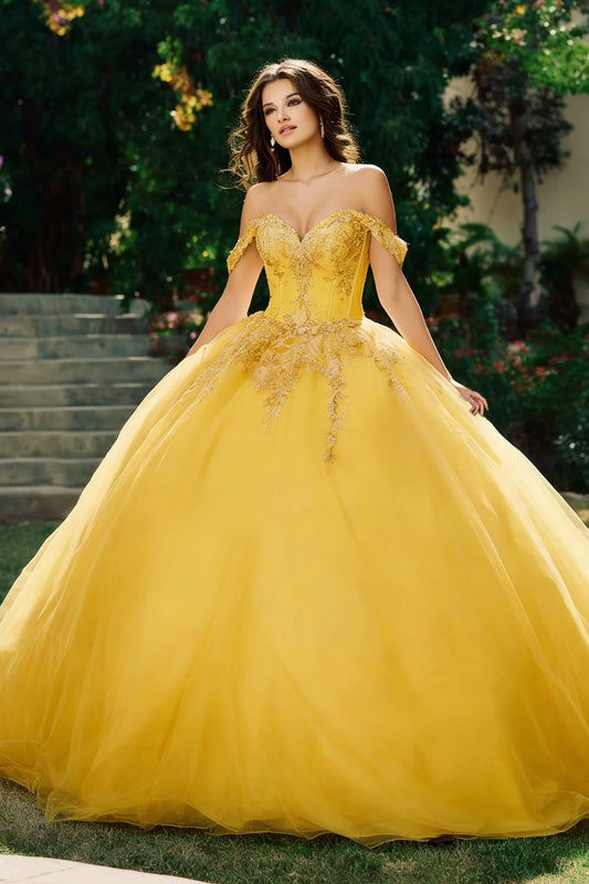 Yellow Tulle Ball Gown Off the Shoulder Long Corset Quinceanera Dress