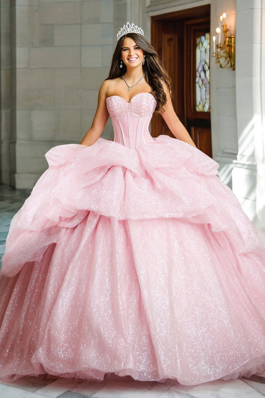Sparkly Pink Glitter Princess Sweetheart Long Corset Quinceanera Dress