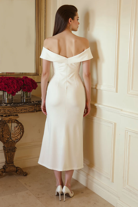 Ivory Satin Bodycon Off the Shoulder Midi Engagement Dress with Slit