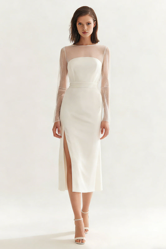 Ivory Satin Bateau Neck Midi Engagement Dress with Slit