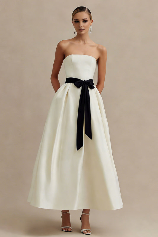 Ivory A Line Strapless Satin Long Engagement Dress with Bow