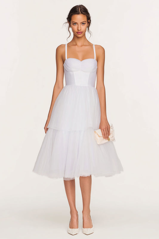 White Tulle Spaghetti Straps Tiered Midi Corset Bridal Shower Dress
