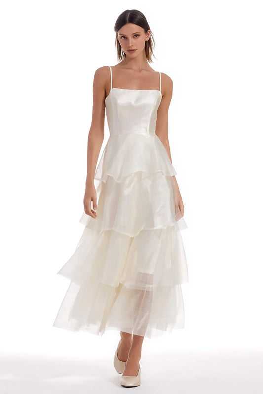 Ivory Tiered Organza Ruffled Long Engagement Dress