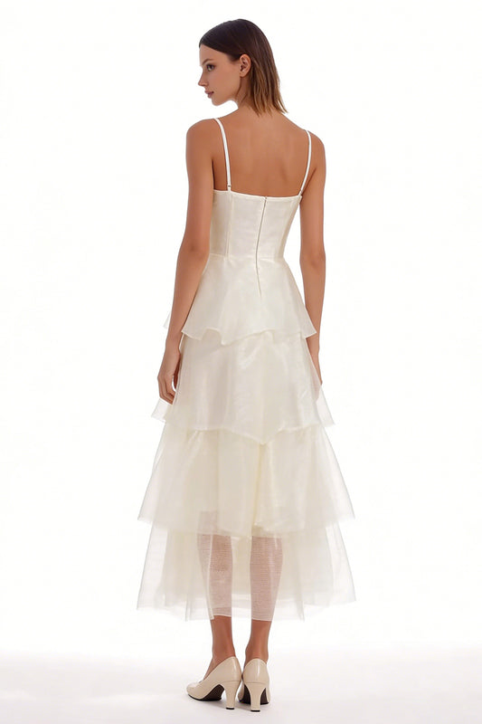 Ivory Tiered Organza Ruffled Long Engagement Dress