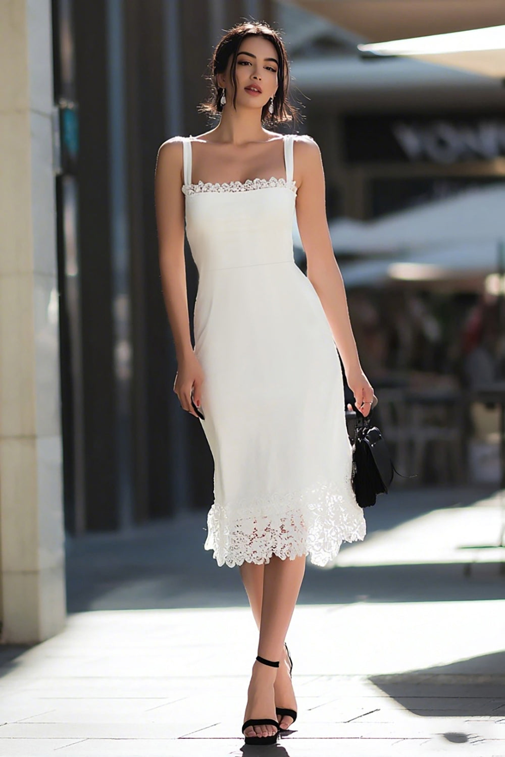 Zapakasa Women Ivory Satin Midi Engagement Dress with Lace Square Neck
