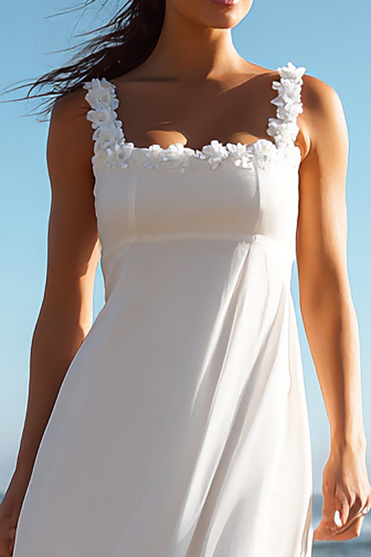 White Chiffon Square Neck A Line Long Wedding Reception Dress