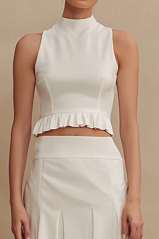Ivory 2 Piece High Neck Ruffled A Line Midi Engagement Dress