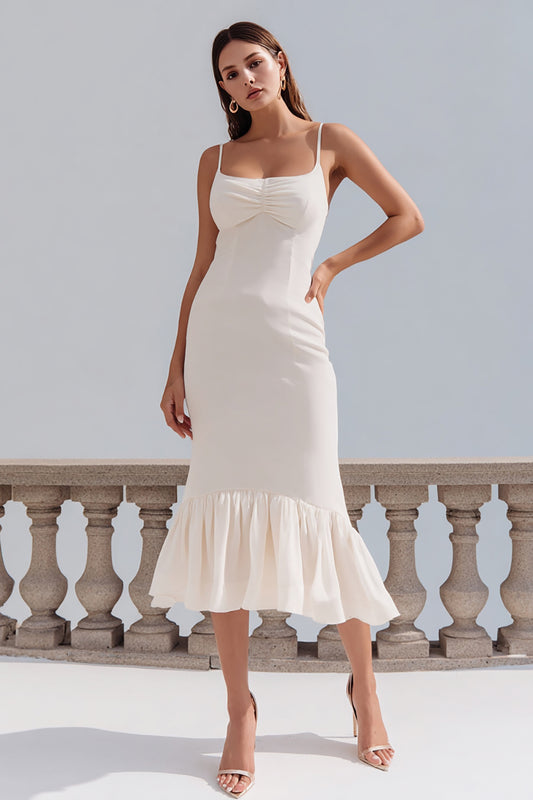 Ivory Spaghetti Straps Ruffled Midi Engagement Dress