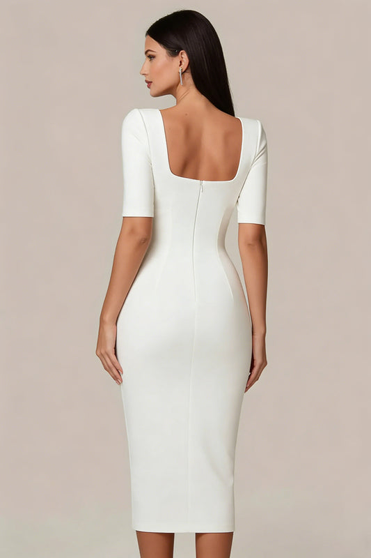 Simple White Square Neck Bodycon Midi Engagement Dress with Sleeves