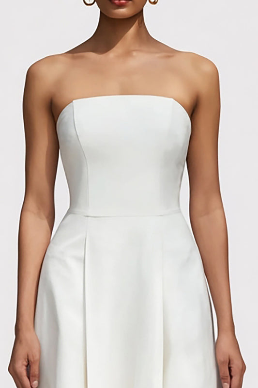 Simple White A Line Strapless Midi Engagement Dress
