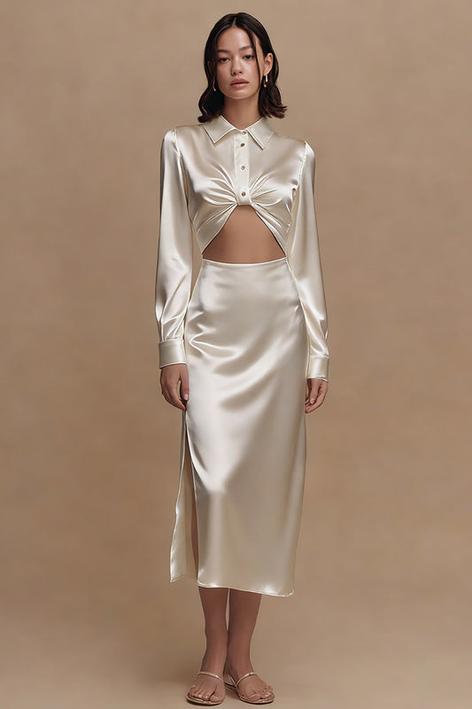 Simple Ivory Sheath Satin Collar Neck Midi Engagement Dress