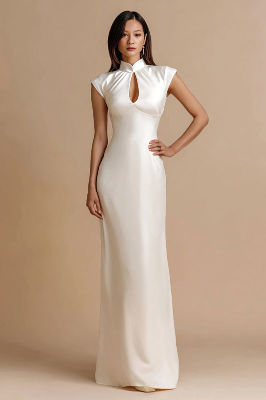 Ivory Sheath Satin Cap Sleeves Maxi Engagement Dress