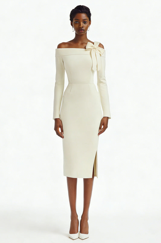 Ivory Bodycon Off the Shoulder Midi Engagement Dress with Slit