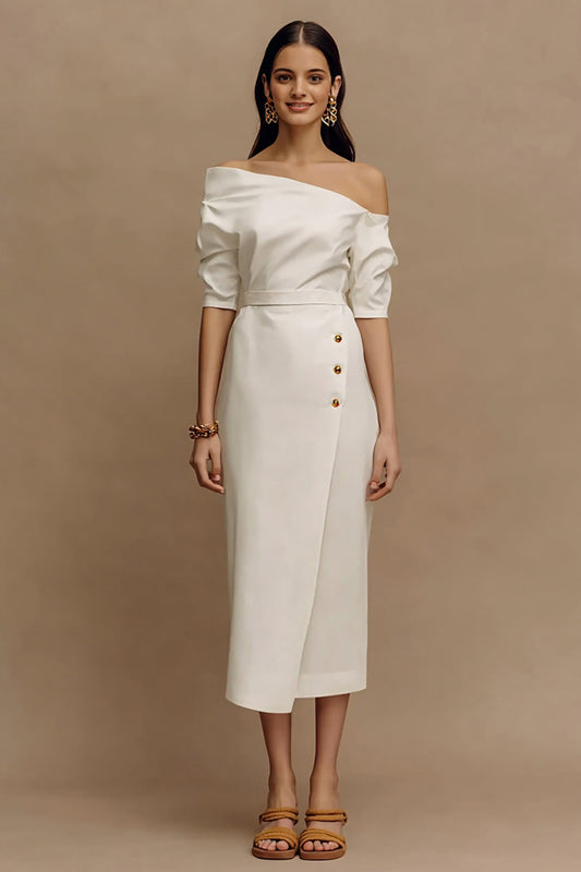 Ivory Sheath One Shoulder Midi Work Dress with Sleeves