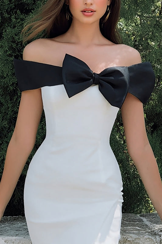 Black and White Bodycon Off the Shoulder Midi Engagement Dress with Bow