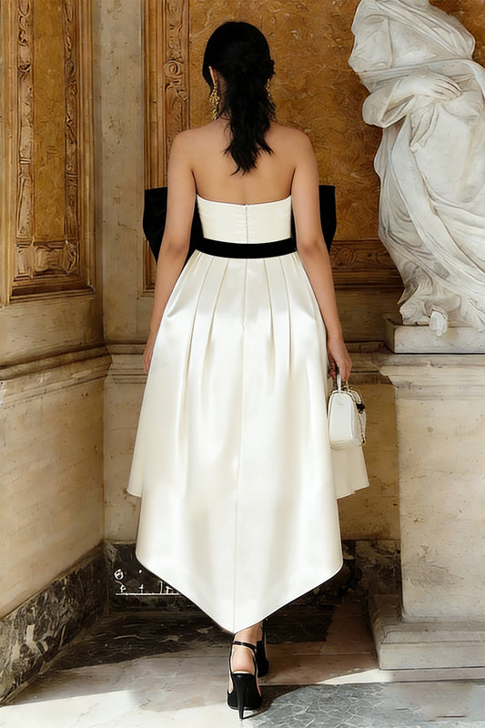 Black and White Satin A Line Asymmetrical Engagement Dress with Bow