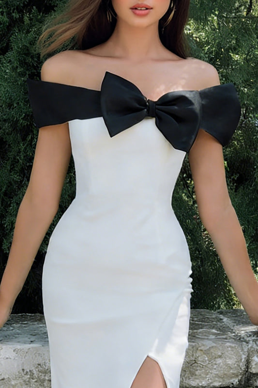 Black and White Sheath Off the Shoulder Long Engagement Dress with Slit